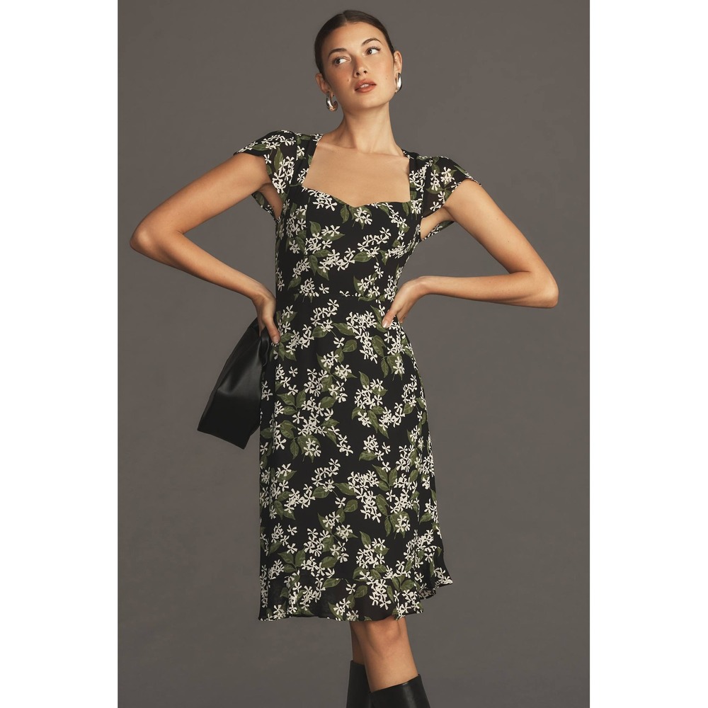 Reformation Rosi Dress Black Floral Cutout Back Midi Ruffle Hem Size 6